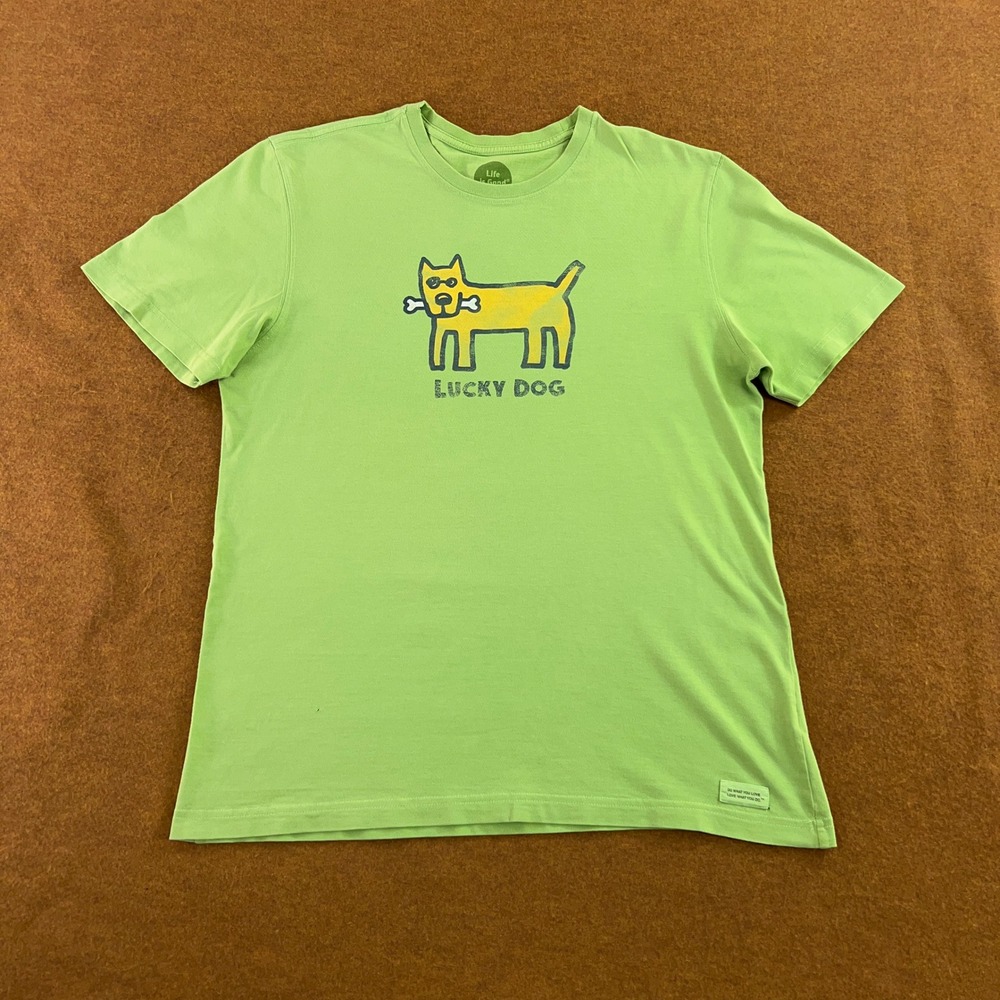 Life is Good Mens Medium Green Lucky Dog Graphic Cotton T-Shirt *Flaw